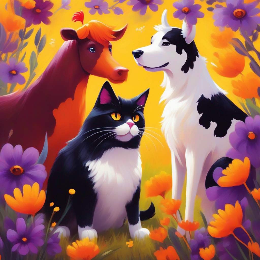 Dog and A black cat with yellow eyes talking, cow and A white hen with red comb talking, orange and purple colors