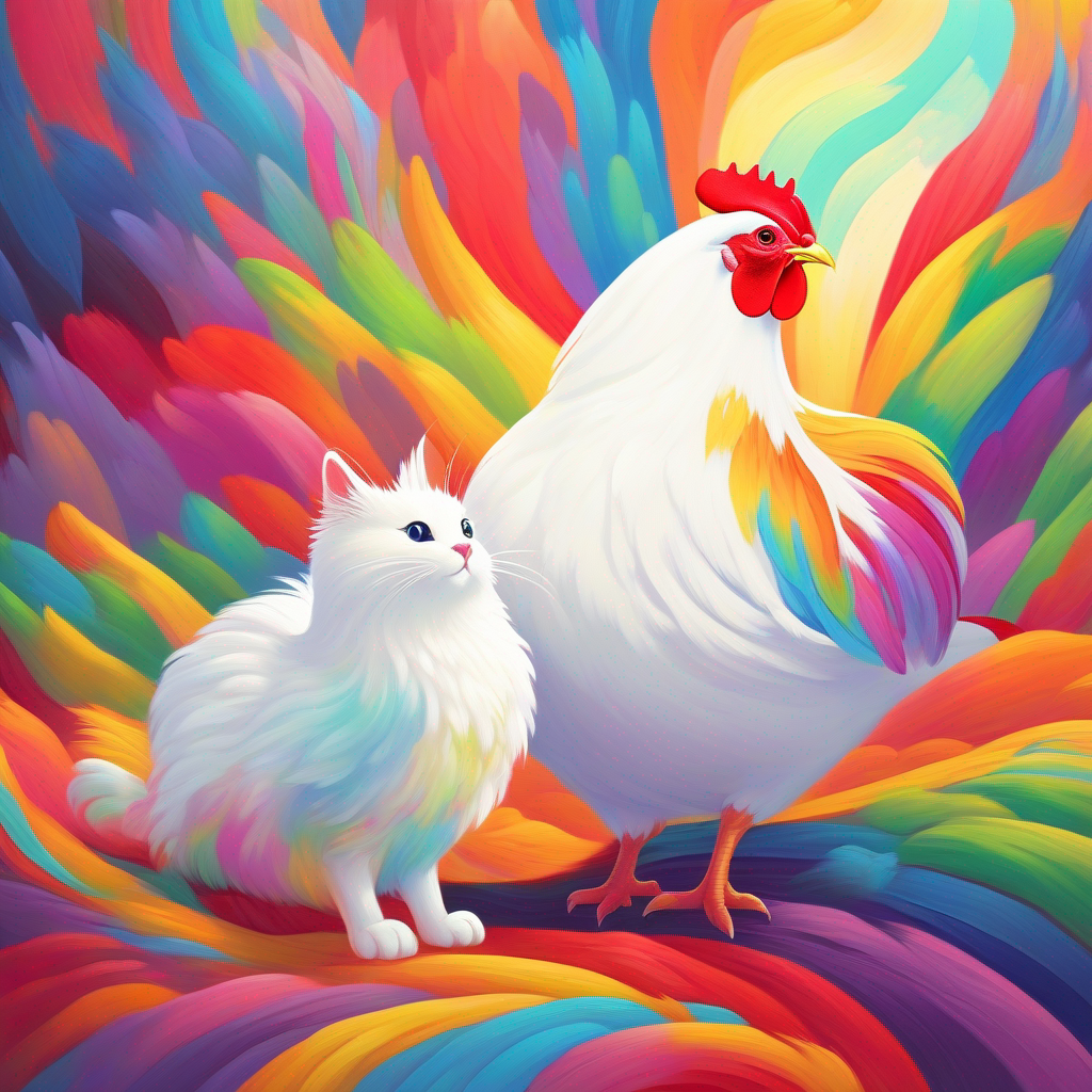 Cat and A white hen with red comb together, rainbow colors