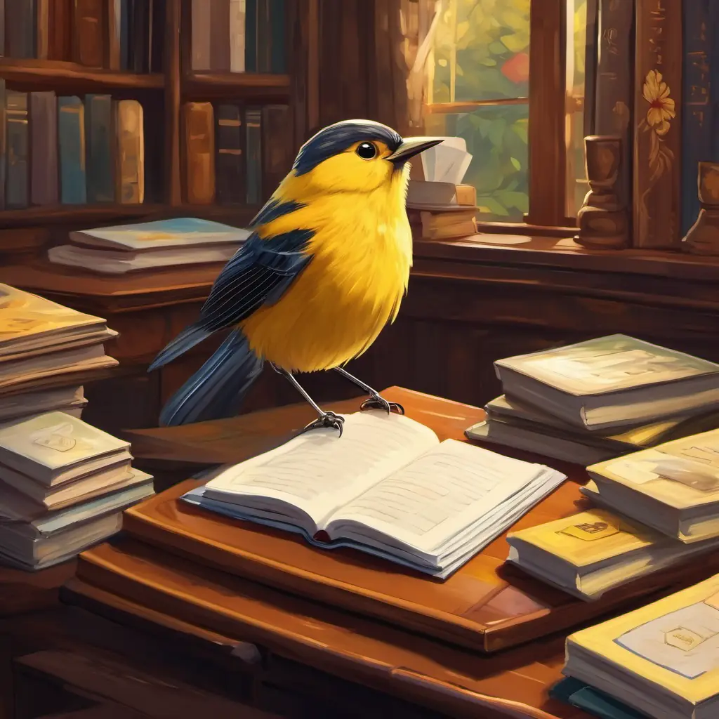 A small bird with yellow feathers and black eyes the bird sitting at a desk with books and papers around him.