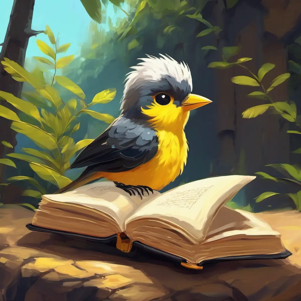 A small bird with yellow feathers and black eyes reading the test questions and thinking