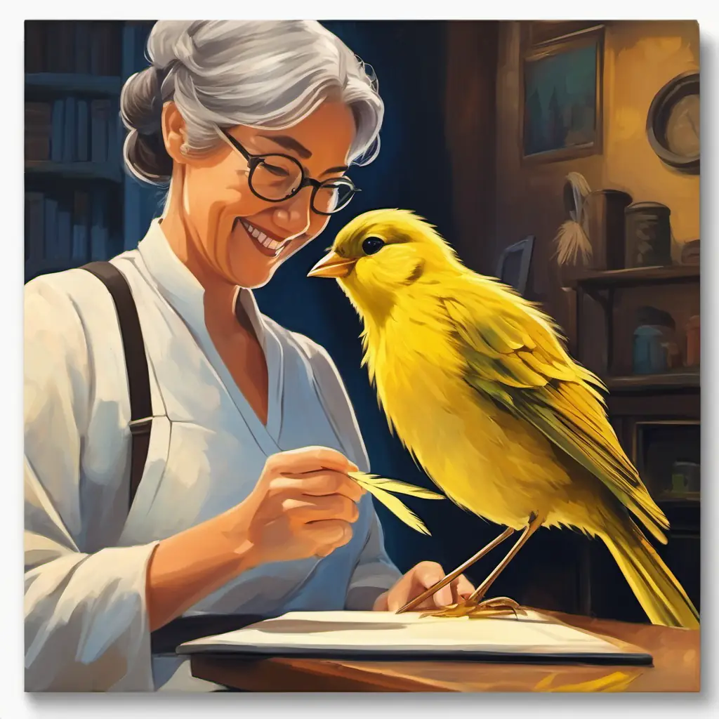 A small bird with yellow feathers and black eyes handing his completed test to Mrs. Robin and smiling