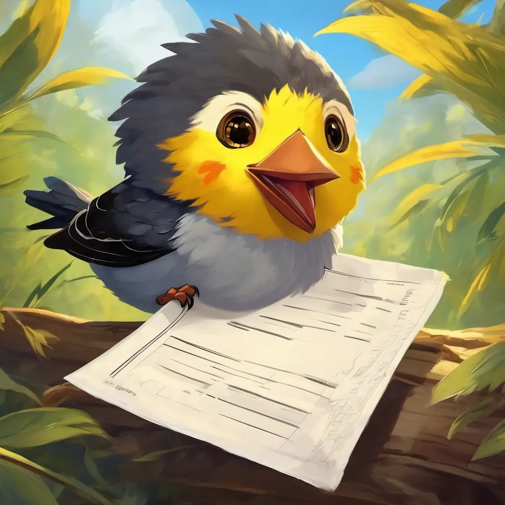 A small bird with yellow feathers and black eyes holding his graded test paper with a big smiley face and an A+