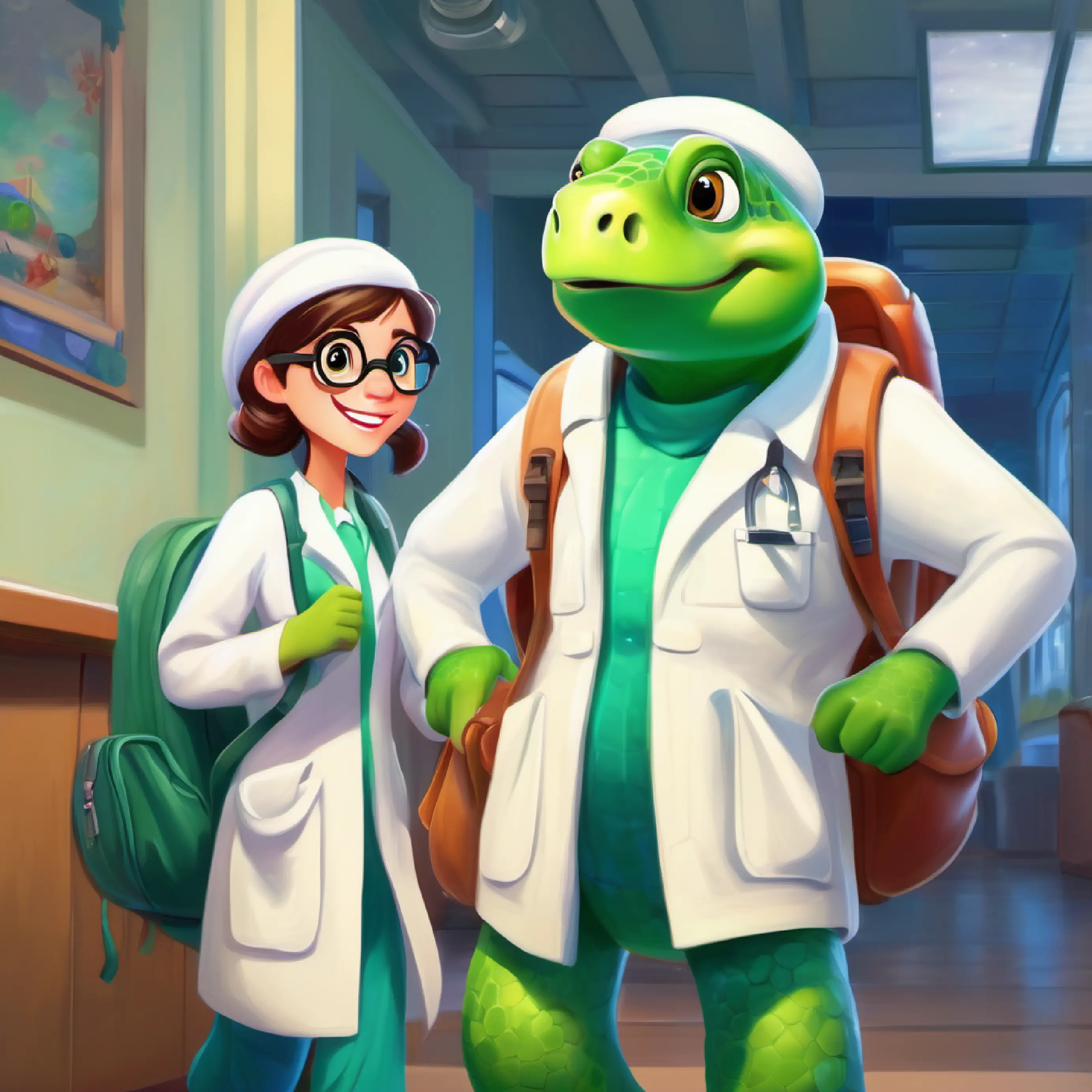 Green turtle, wide-eyed, with a shy smile, carrying a backpack approaches Female dentist with glasses, white coat, and warmly smiling's dental office, looking apprehensive.