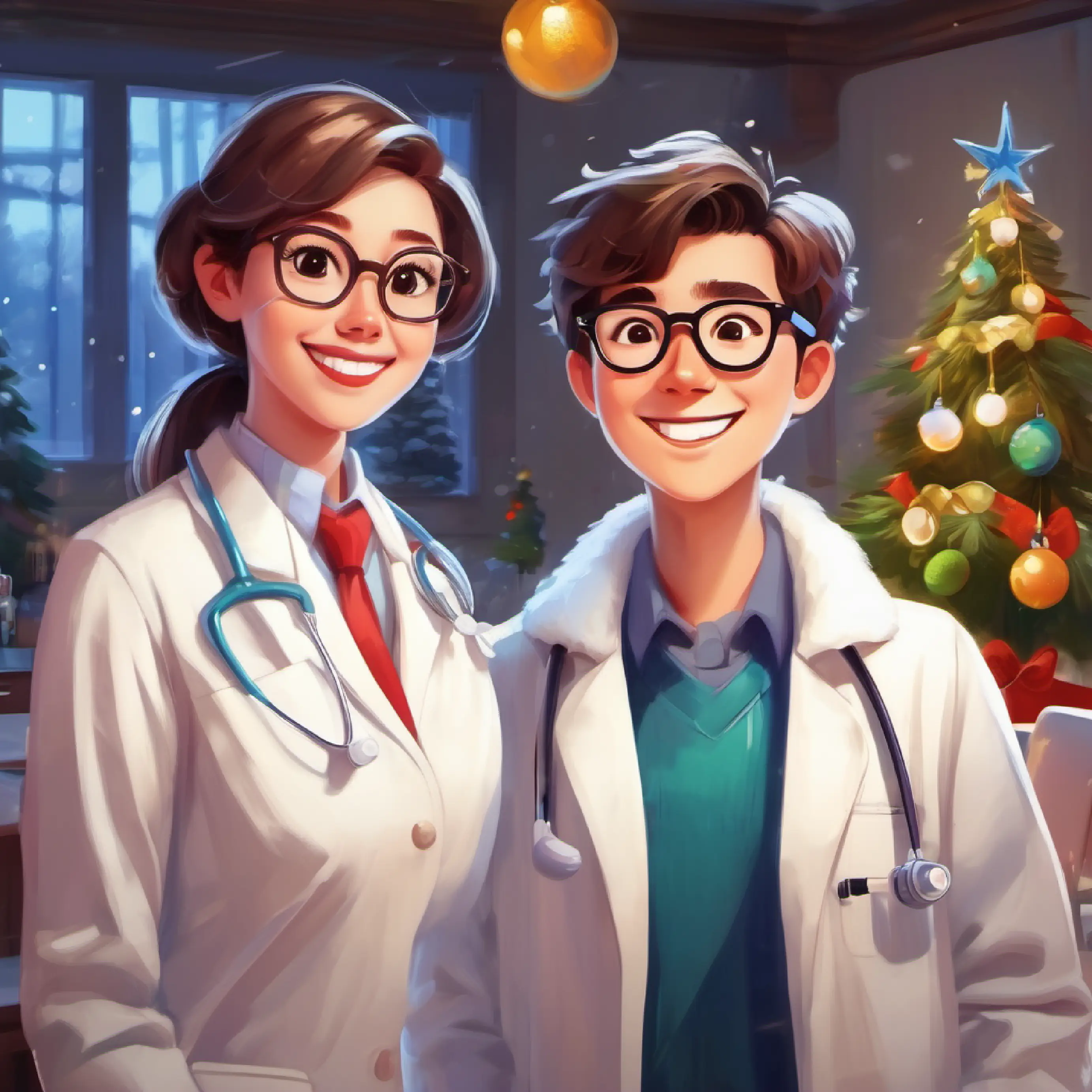 Timmy meets Female dentist with glasses, white coat, and warmly smiling, a friendly dentist with glasses.