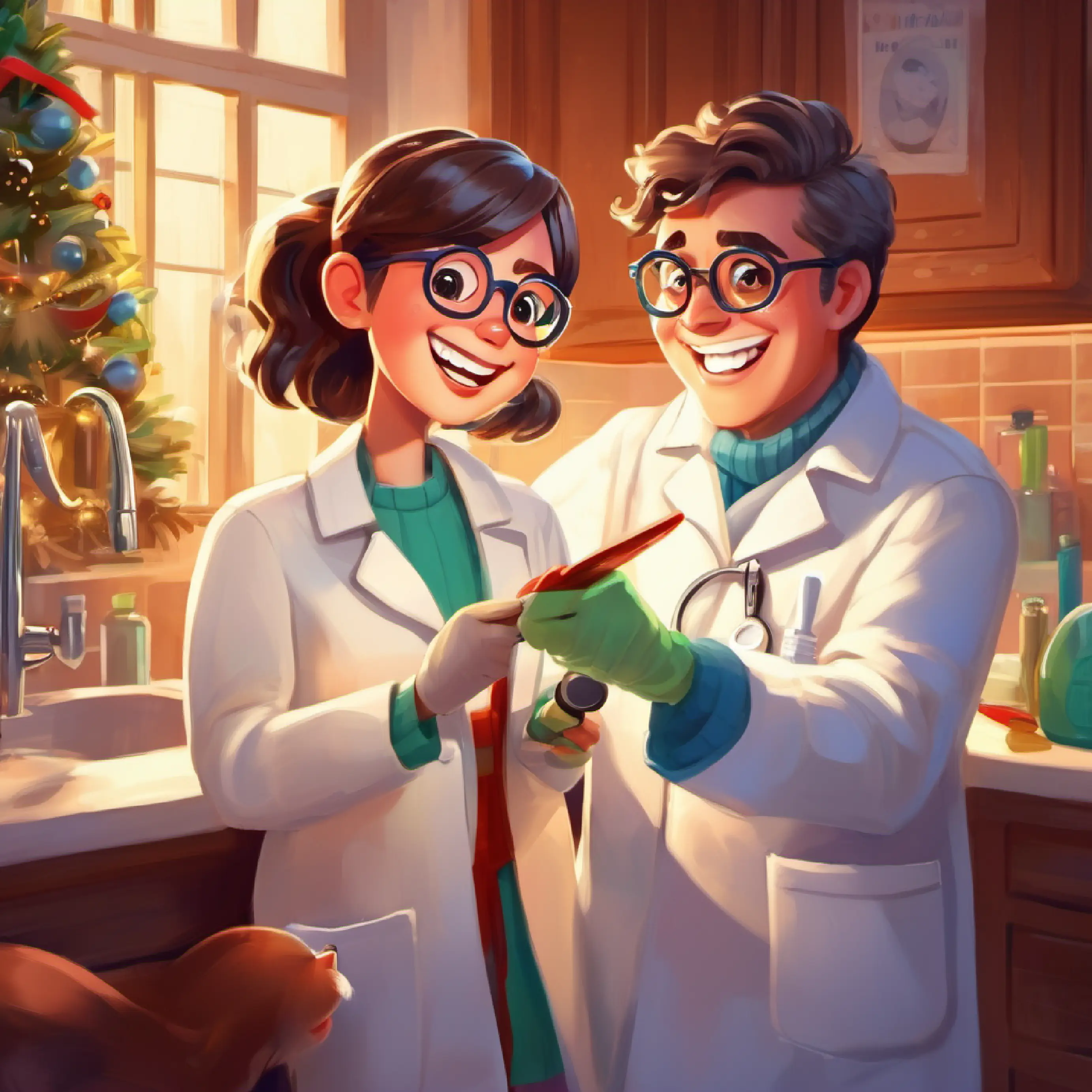 Female dentist with glasses, white coat, and warmly smiling shows Timmy a small dental mirror, preparing to check his teeth.
