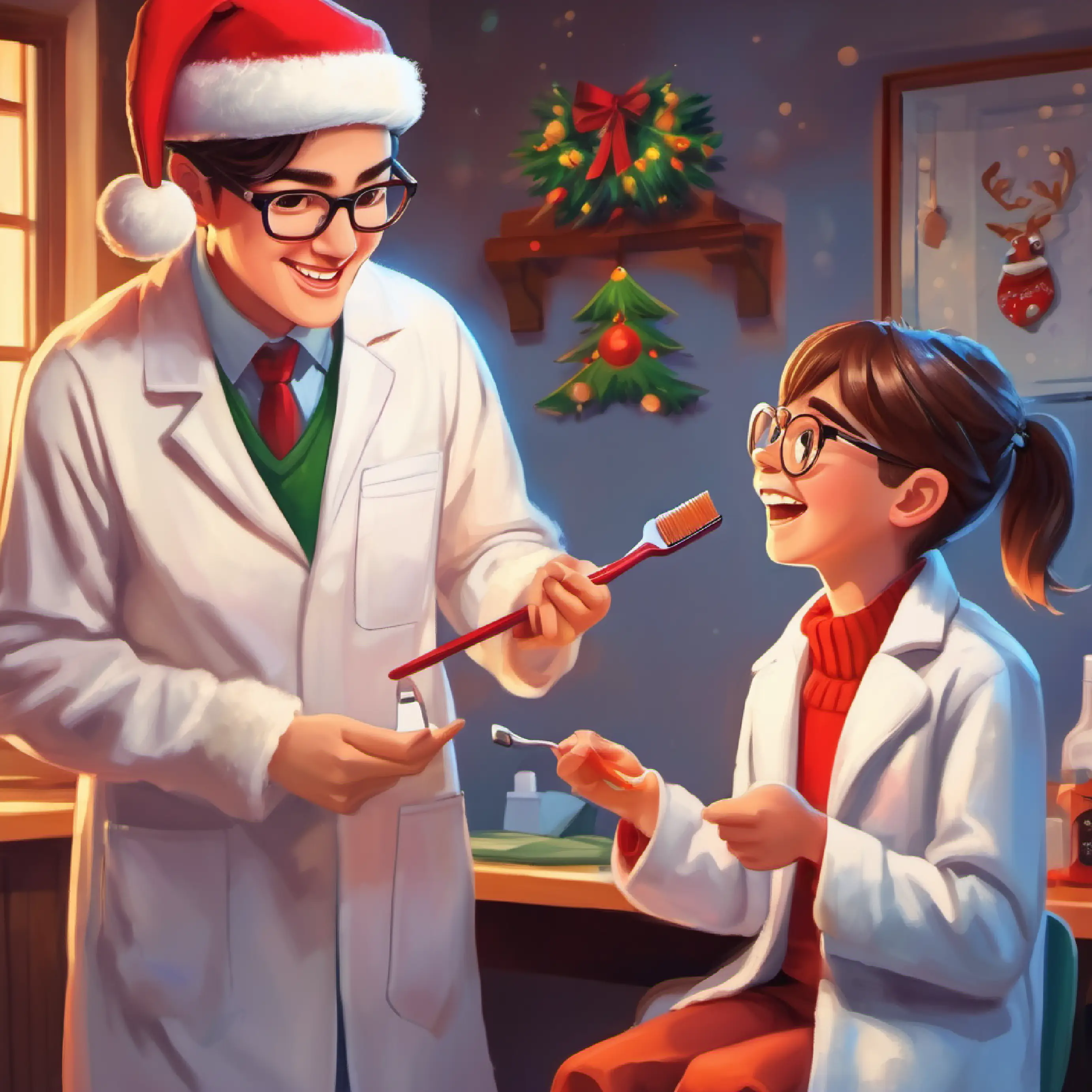 Timmy inquires about brushing, Female dentist with glasses, white coat, and warmly smiling answers about dental care.