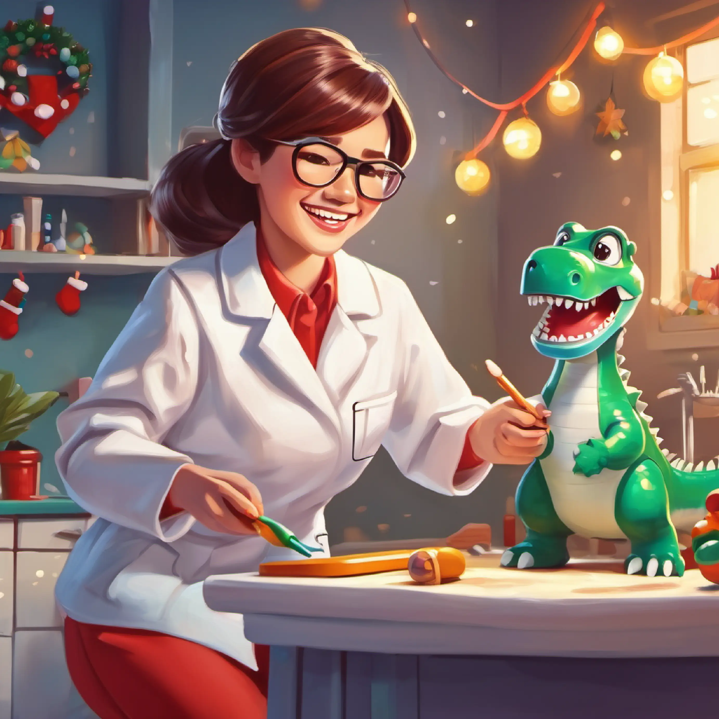 Female dentist with glasses, white coat, and warmly smiling demonstrates brushing on a toy dinosaur.