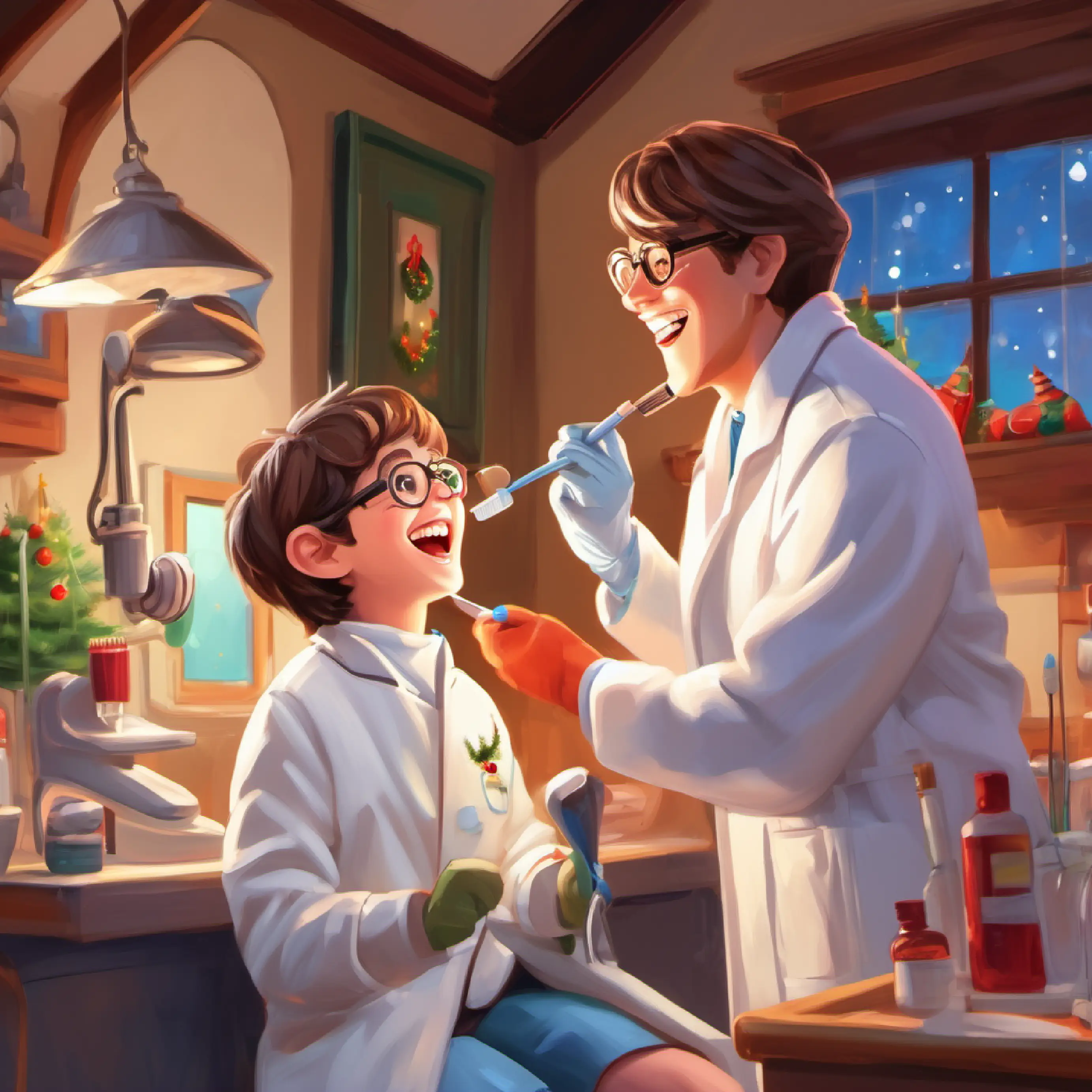 Timmy practices brushing on a model mouth as Female dentist with glasses, white coat, and warmly smiling encourages him.