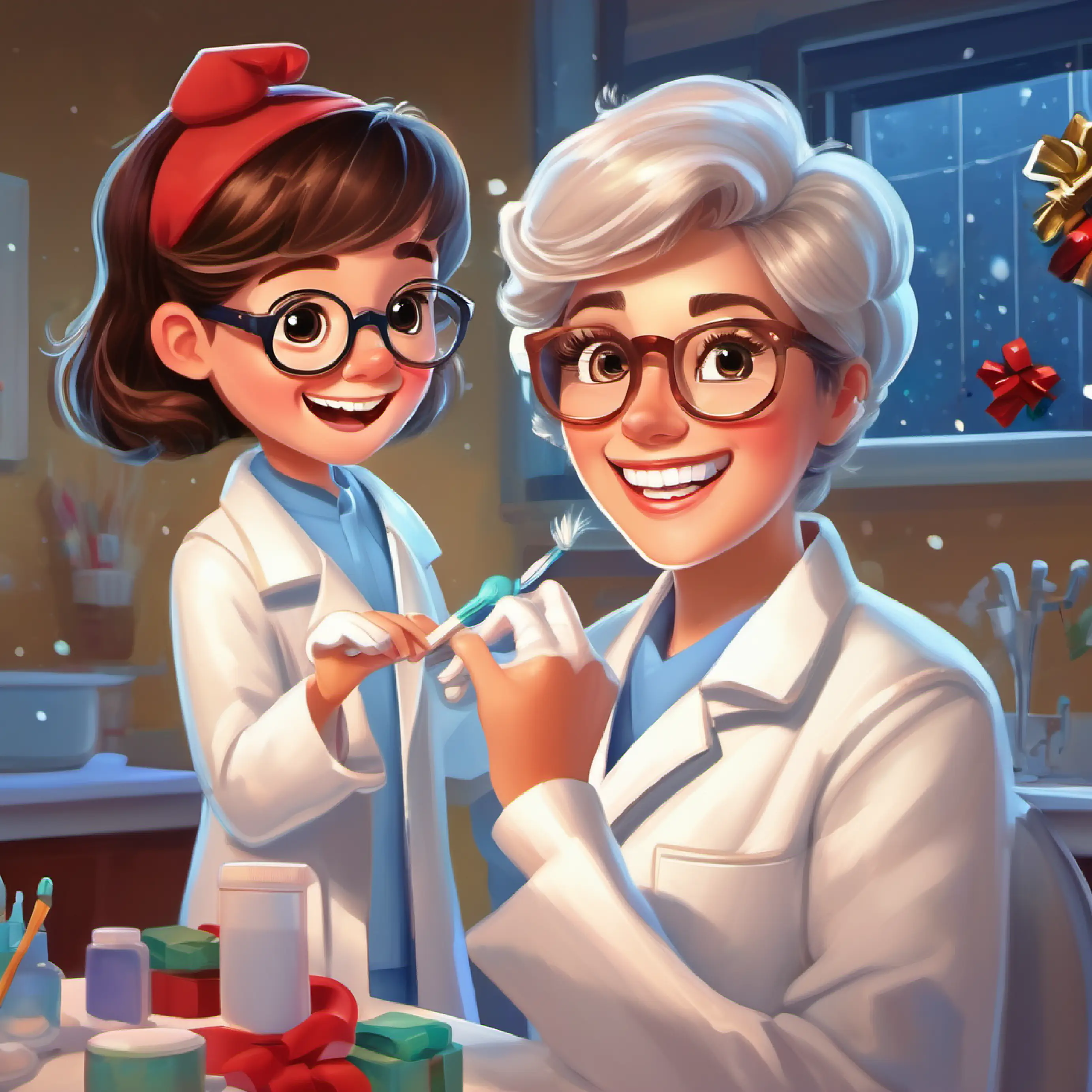 Female dentist with glasses, white coat, and warmly smiling teaches Timmy how to floss using the model teeth.