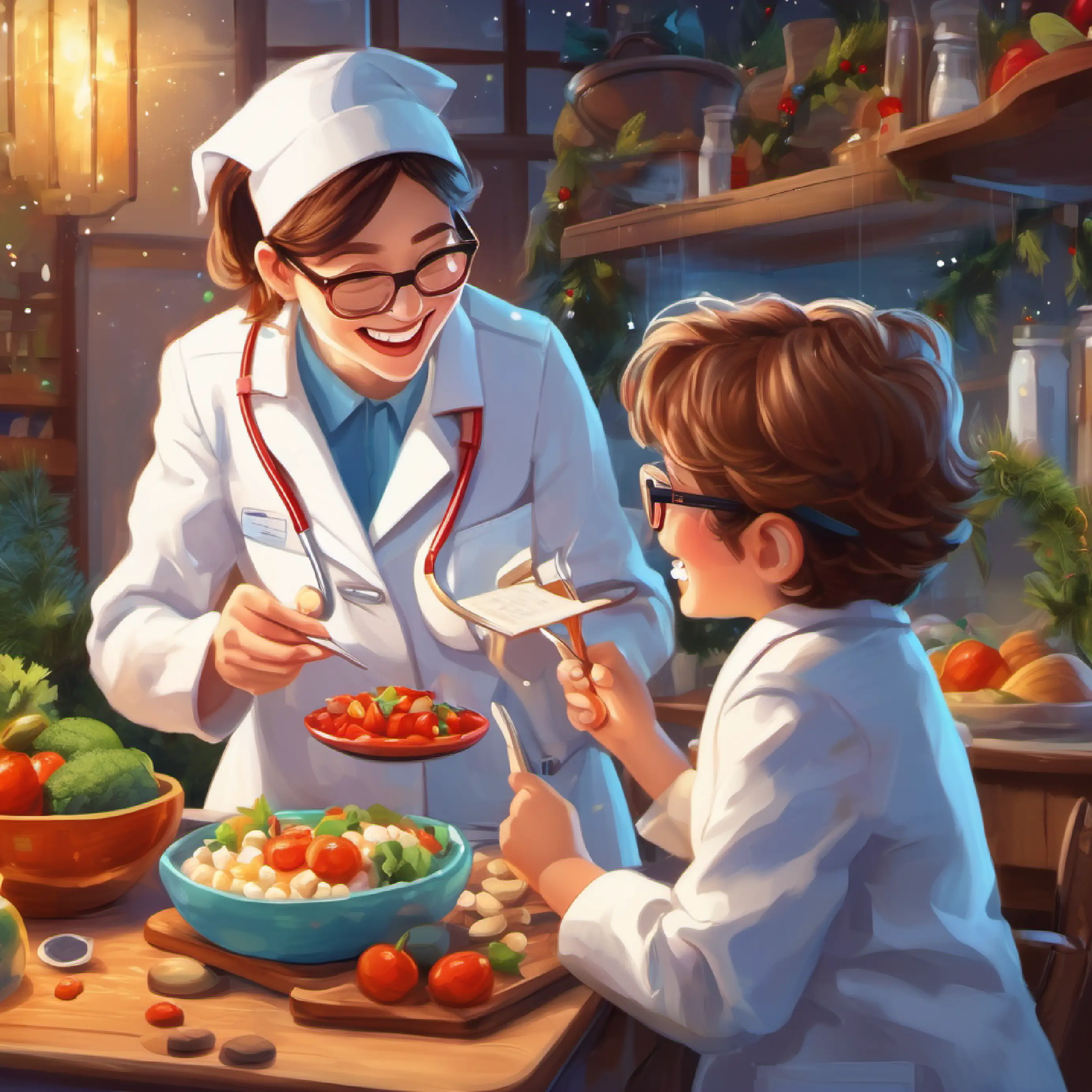 Timmy is shown a chart of healthy foods for teeth by Female dentist with glasses, white coat, and warmly smiling.