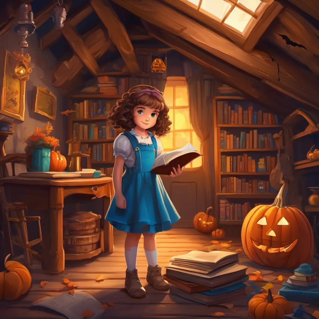 A little girl with curly brown hair and bright blue eyes, always ready for adventures standing in the attic surrounded by old furniture, holding an open book with vibrant illustrations.