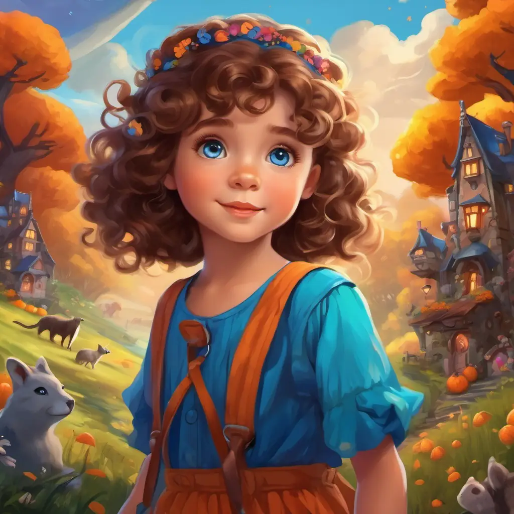 A little girl with curly brown hair and bright blue eyes, always ready for adventures wearing a colorful dress, surrounded by talking animals, fairies, and beautiful landscapes.