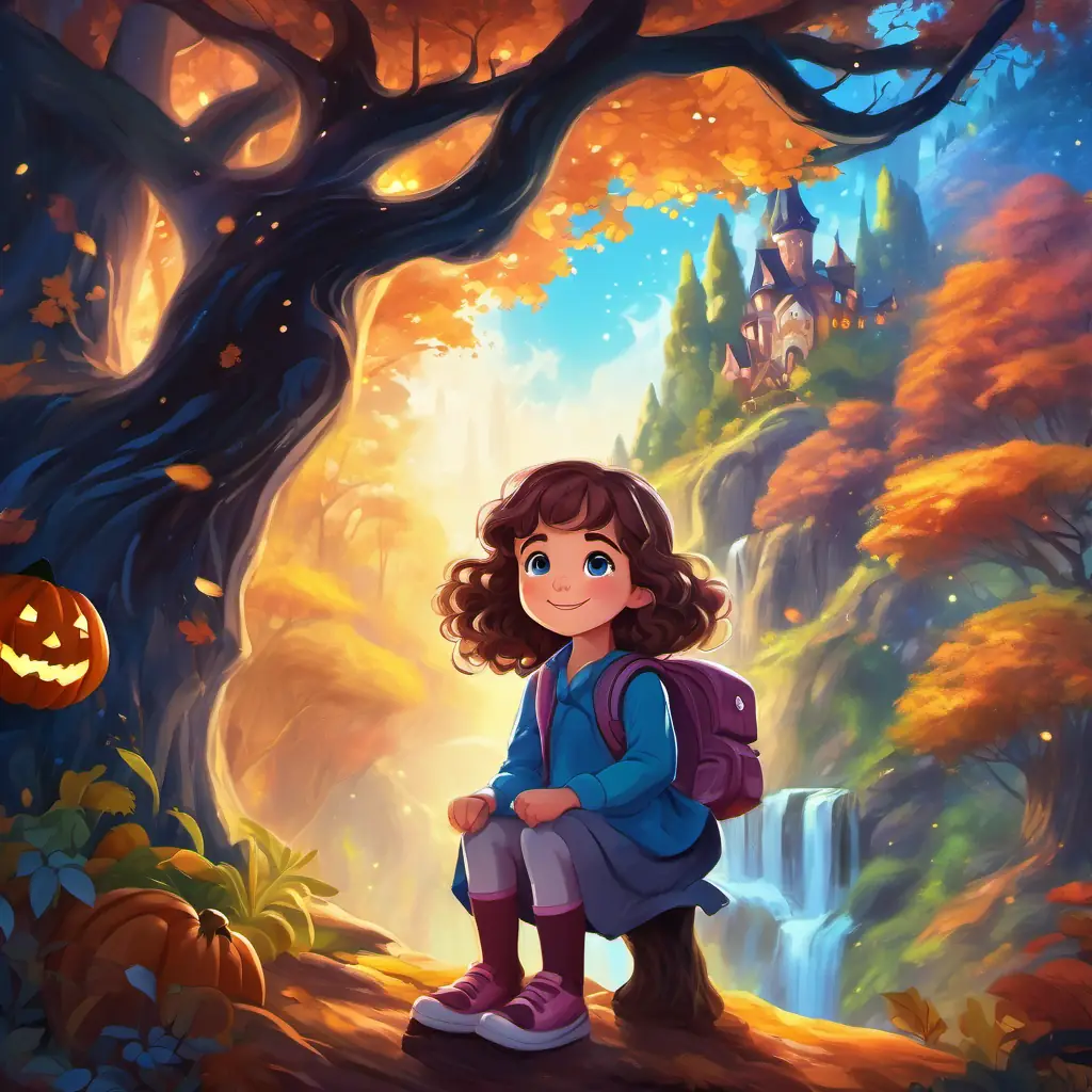 A little girl with curly brown hair and bright blue eyes, always ready for adventures sitting on Sparkle's back while they explore a magical forest with colorful trees and sparkling waterfalls.