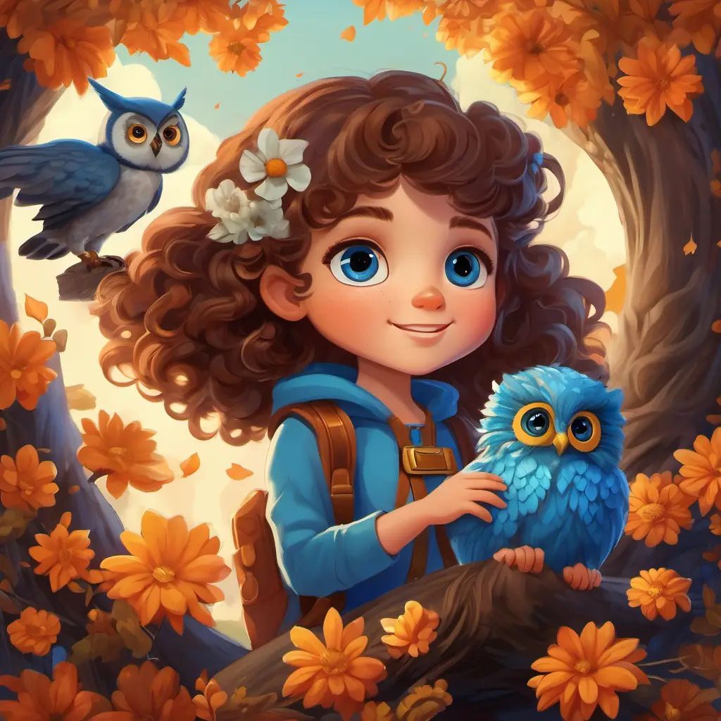 A little girl with curly brown hair and bright blue eyes, always ready for adventures and Sparkle surrounded by playful pixies, a giant holding a flower, and an owl perched on a branch.