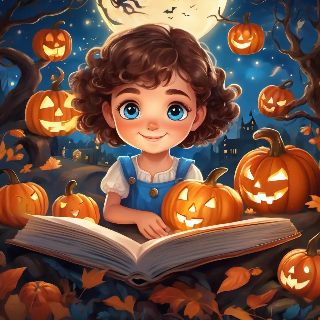 A little girl with curly brown hair and bright blue eyes, always ready for adventures hugging Sparkle, surrounded by all the magical creatures, while the book starts closing behind her.