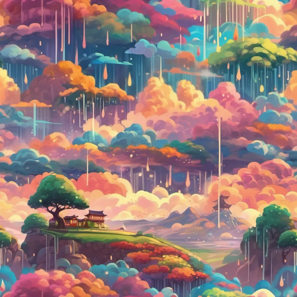 A vibrant, magical land with cartoon-style rain falling from a colorful sky.