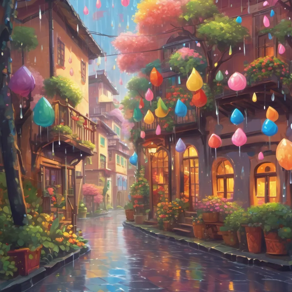 Raindrops falling, which look like colorful candy, plopping on buildings and trees.