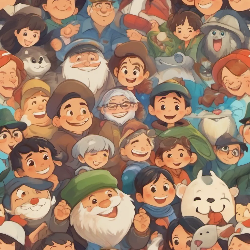 Smiling faces of all the characters, joyful and happy.