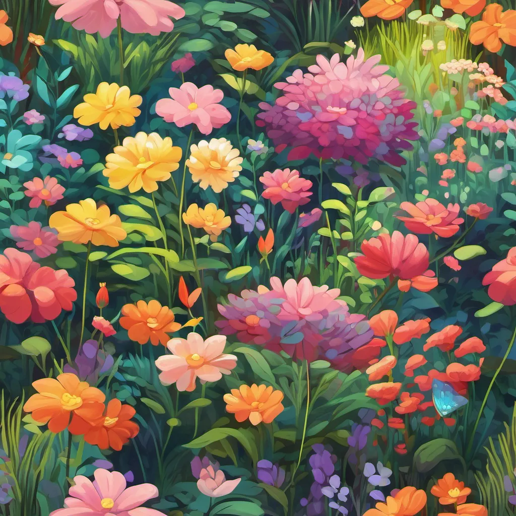 A cheerful garden with singing flowers in bright colors.