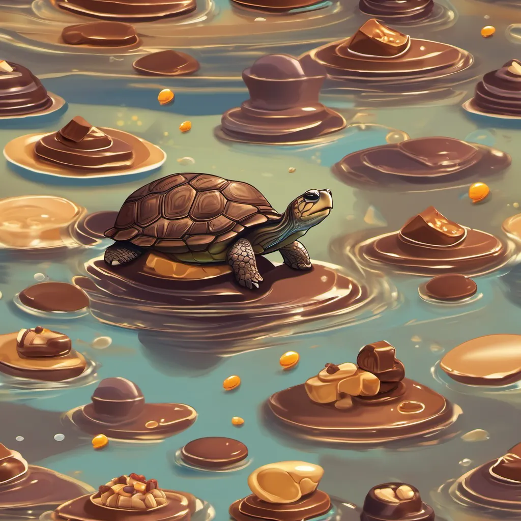 A cute turtle happily splashing in a puddle of chocolate.