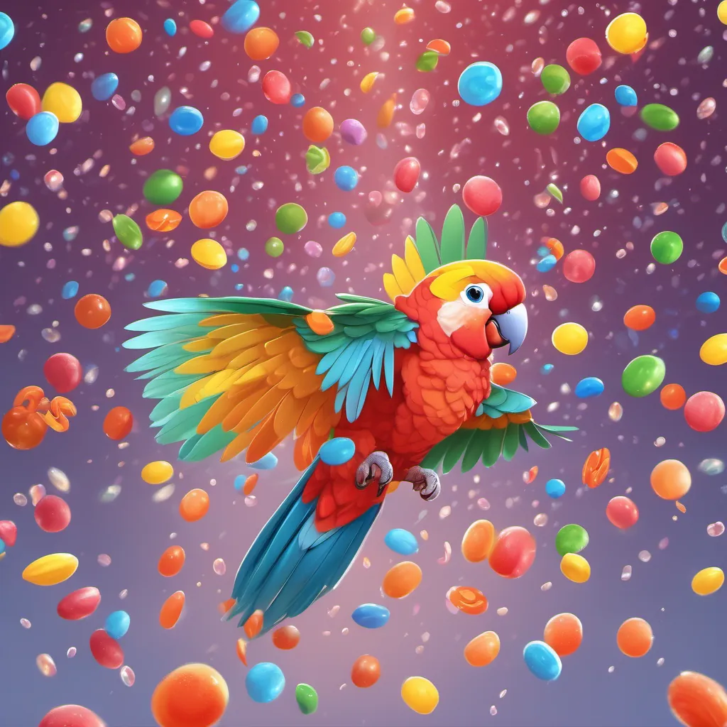 A parrot playfully flapping and flying through the candy rain.