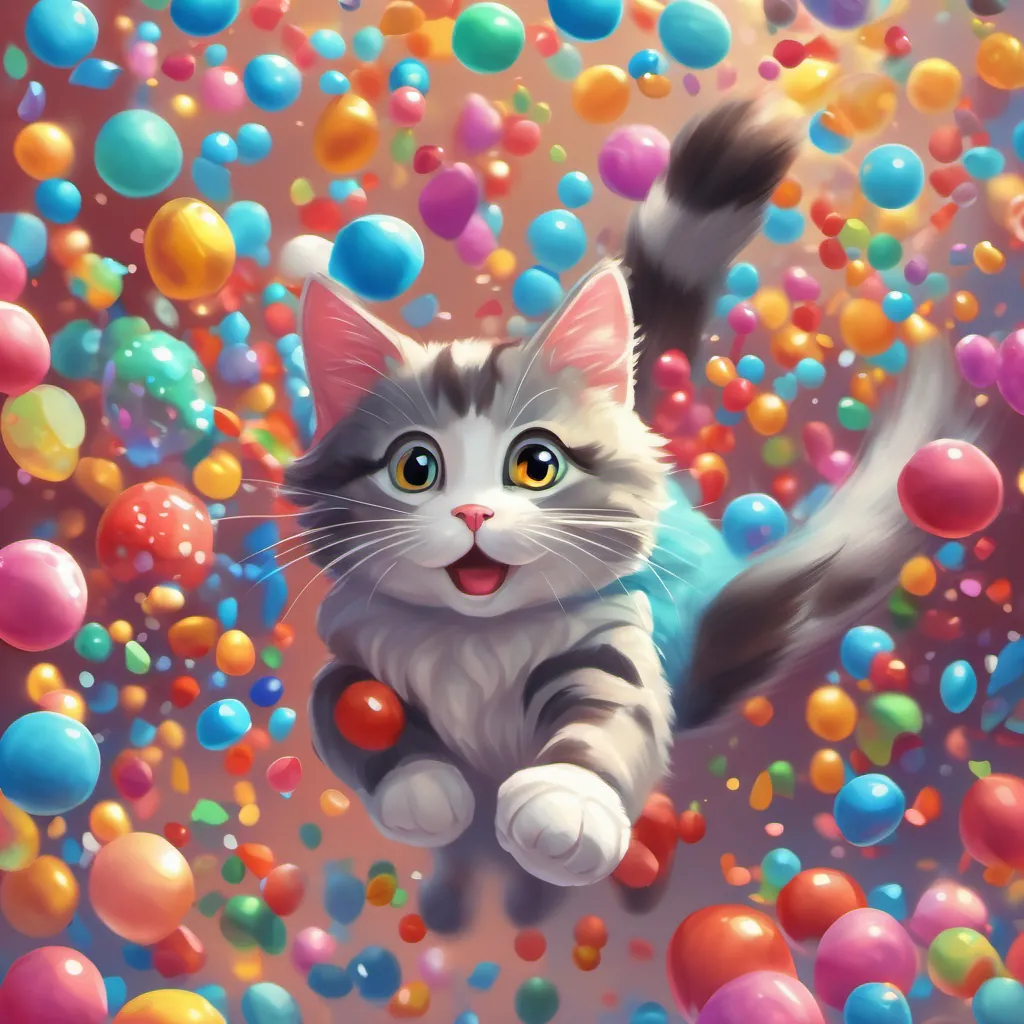 A playful cat jumping between colorful candy drops.