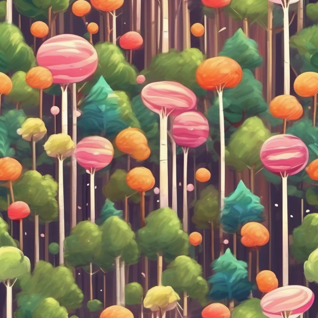 Tall trees with leaves that have turned into various lollipops, dancing joyfully.