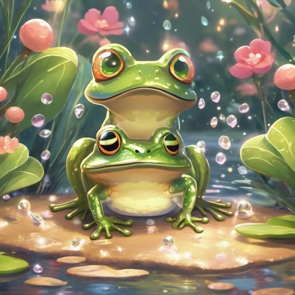 A frog happily croaking while sparkling with tiny sugar crystals.