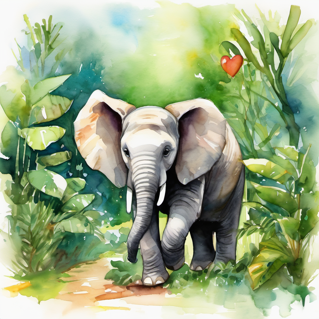 Once upon a time, in a lush green jungle, there lived a kind and gentle elephant named Ellie. Ellie had big ears that could hear the softest whispers and a heart that was filled with love and compassion. She loved exploring the jungle and making new friends along the way. One sunny morning, as Ellie strolled through the jungle, she heard a faint cry for help. She followed the sound and soon stumbled upon a small bird named Benny, perched on a branch. Benny was in distress because he had lost his way home and was feeling scared and lonely.