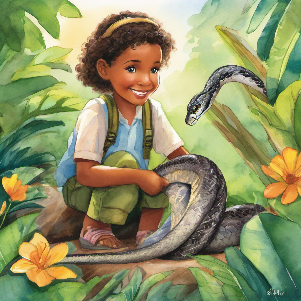 Ellie gently approached Benny and offered a comforting smile. She used her big ears to listen attentively to Benny's worries. Ellie understood how it felt to be lost and frightened, so she decided to help her new feathered friend. Together, they flew over the jungle, searching for Benny's home. As they soared through the vibrant sky, Ellie spotted a slippery snake named Sam. Sam was tangled amidst some vines and couldn't free himself. Ellie landed nearby and rushed to his aid. She showed empathy towards Sam, understanding how uncomfortable and trapped he must be feeling.