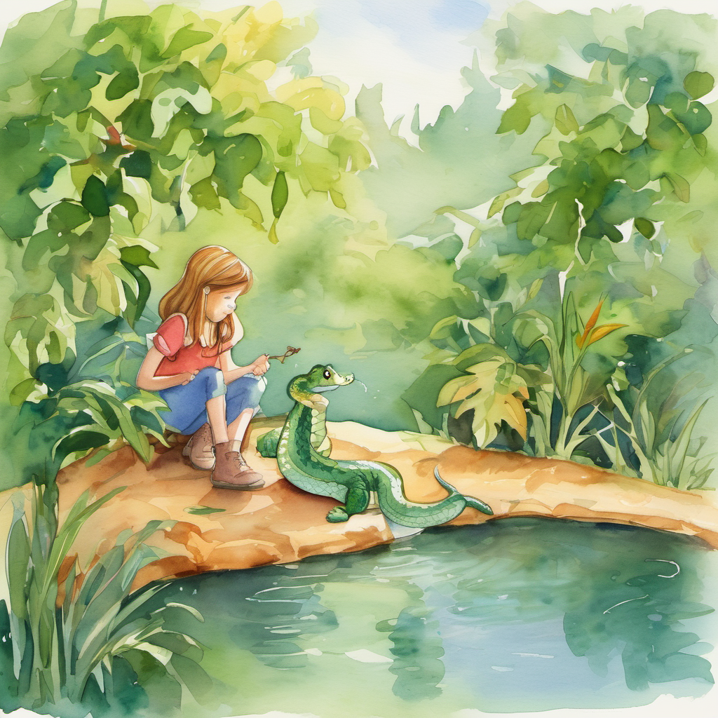 With her trunk, Ellie carefully unraveled the vines, setting Sam free. The grateful snake slithered away happily, leaving Ellie with a feeling of warmth in her heart. Continuing their journey, Ellie and Benny followed the sound of rustling leaves, which led them to a pond where a sad little crocodile named Cindy was sobbing. Cindy had accidentally injured her tail and couldn't swim properly anymore. Ellie approached Cindy and gently comforted her, assuring her that everything would be alright.