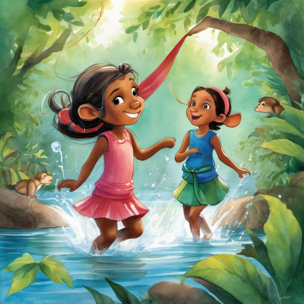 Using her listening ears, Ellie discovered that Cindy loved to dance with her tail in the water and was feeling really upset about losing that ability. Ellie came up with an idea. She gathered large leaves and tied them together to create a makeshift tail for Cindy. With this new tail, Cindy could dance again, and they laughed and danced together, splashing joy into the air. As night fell, Ellie and her friends stumbled upon a clearing in the jungle, where a group of curious monkeys named Max, Lily, and Ollie were trying to build a treehouse. However, the monkeys couldn't agree on how to construct it. They argued and weren't having much fun at all.