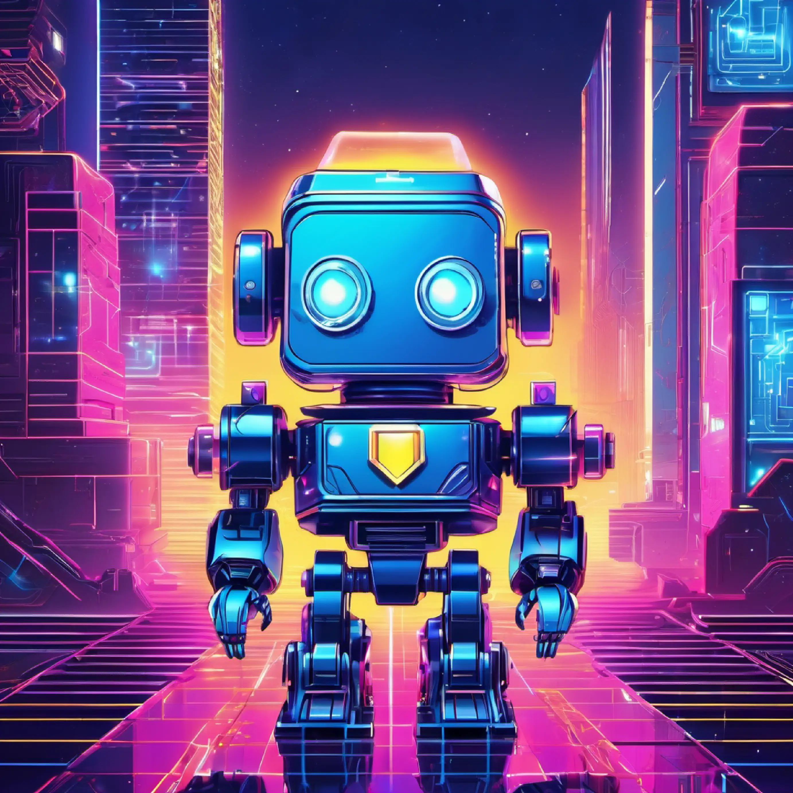 Small blue robot with curious golden eyes and a penchant for puzzles's friends find a problem with the power crystal