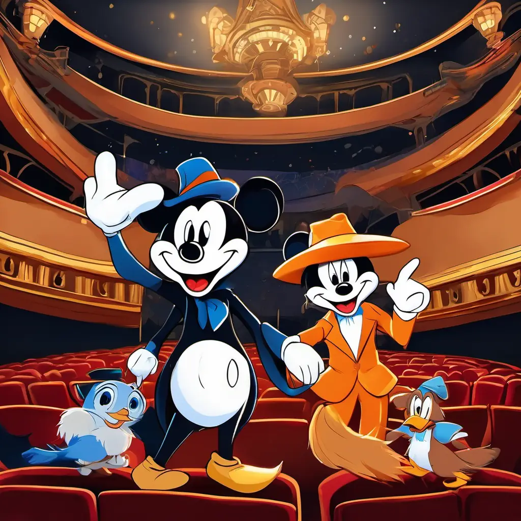 Mickey has white skin, round black ears, and big oval eyes, Donald has white feathers, an orange beak, and narrow blue eyes, and Goofy has light brown fur, long floppy ears, and friendly brown eyes are standing in front of a beautiful theater. They are smiling with anticipation and holding tickets in their hands. The theater is adorned with sparkling lights and a grand staircase.