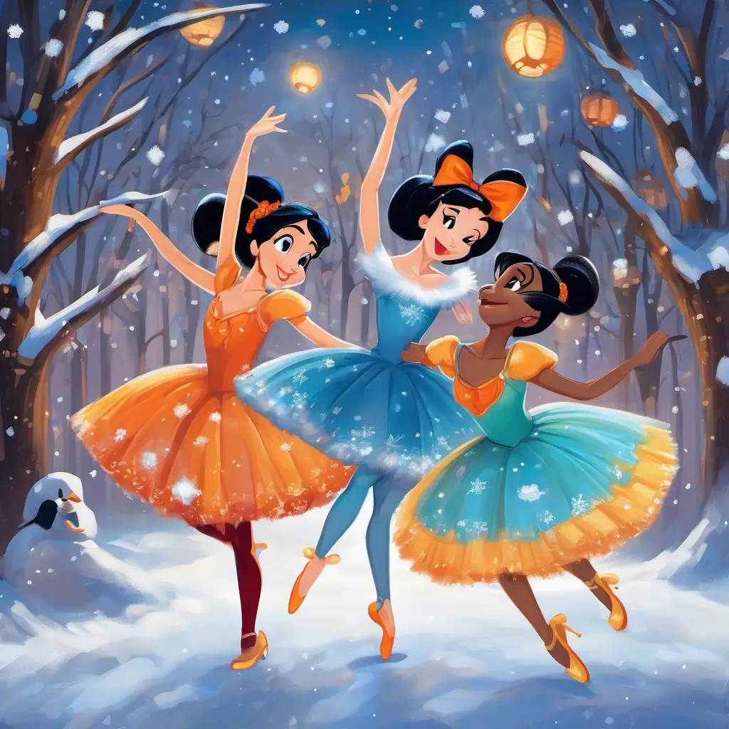 The stage is transformed into a magical winter wonderland. Ballerinas in colorful tutus dance gracefully on their tiptoes amidst falling snowflakes. Mickey has white skin, round black ears, and big oval eyes, Donald has white feathers, an orange beak, and narrow blue eyes, and Goofy has light brown fur, long floppy ears, and friendly brown eyes are sitting on plush red seats, their eyes wide with wonder.