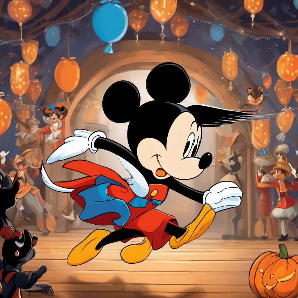 Mickey has white skin, round black ears, and big oval eyes, Donald has white feathers, an orange beak, and narrow blue eyes, and Goofy has light brown fur, long floppy ears, and friendly brown eyes are running through the backstage area, dodging ballet dancers and props. The mouse is just ahead, clutching the Nutcracker doll tightly in its paws.