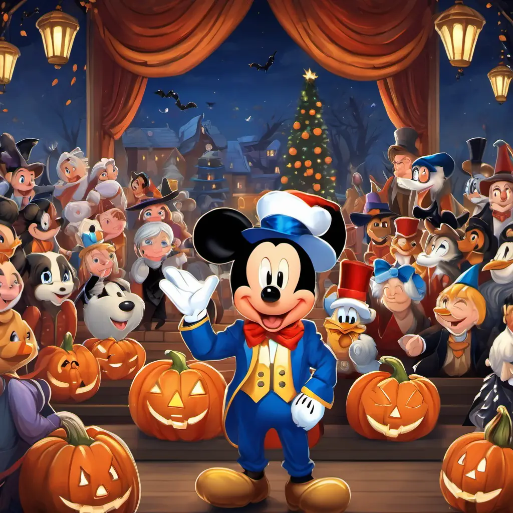 Mickey has white skin, round black ears, and big oval eyes, Donald has white feathers, an orange beak, and narrow blue eyes, and Goofy has light brown fur, long floppy ears, and friendly brown eyes proudly stand on stage, holding the Nutcracker doll triumphantly. The audience is applauding and smiling, grateful for their heroism.