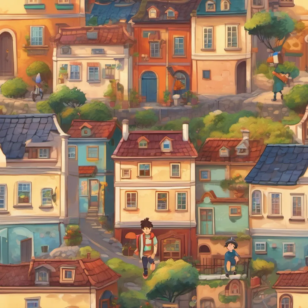 Small, charming town with colorful houses. Young boy with wild hair, mismatched socks, and a cheerful demeanor, a young boy with wild hair and mismatched socks, is smiling and singing.