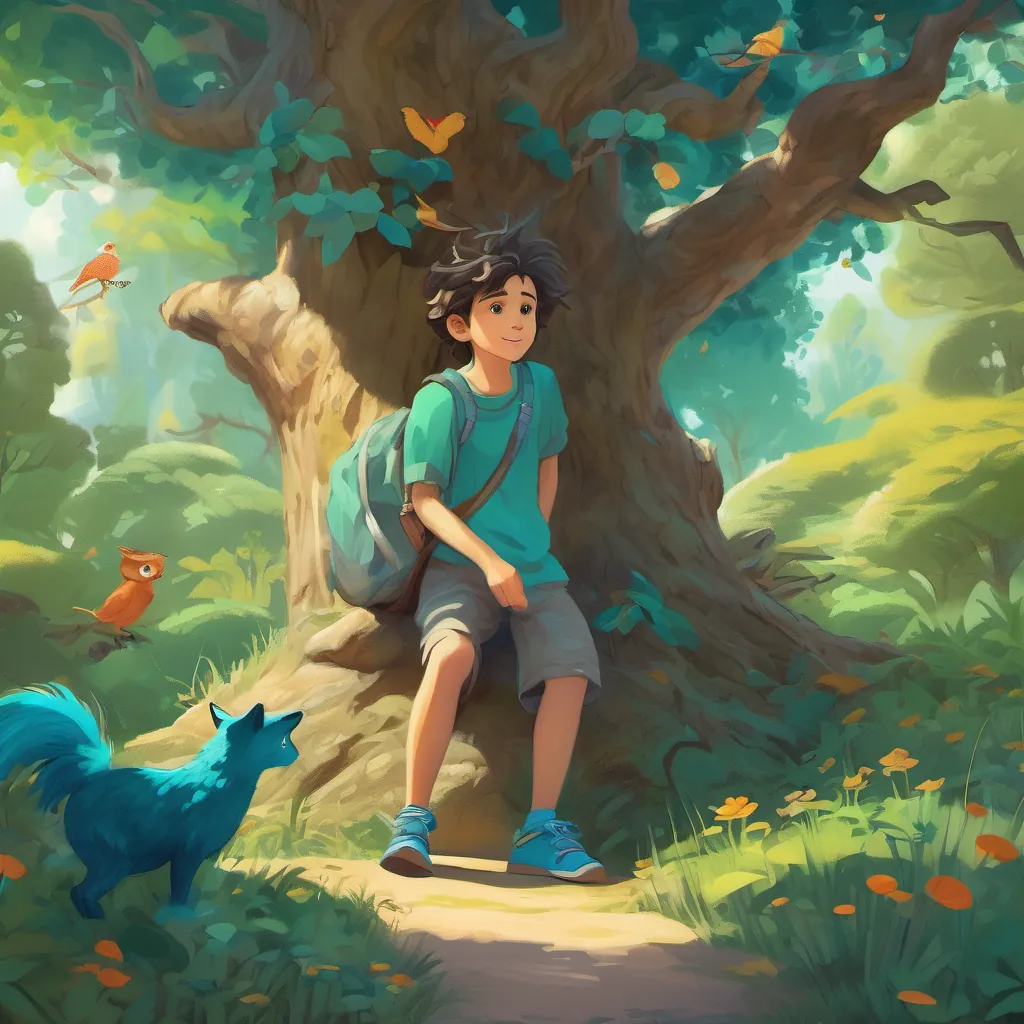 An invitation for readers to imagine themselves in Hee, joining Young boy with wild hair, mismatched socks, and a cheerful demeanor and A whimsical creature with twinkling eyes and bright teal feathers by the old oak tree for future adventures.