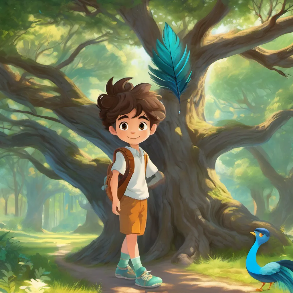 Young boy with wild hair, mismatched socks, and a cheerful demeanor discovering an enchanting creature with sparkling eyes and teal feathers beneath a grand old oak tree.