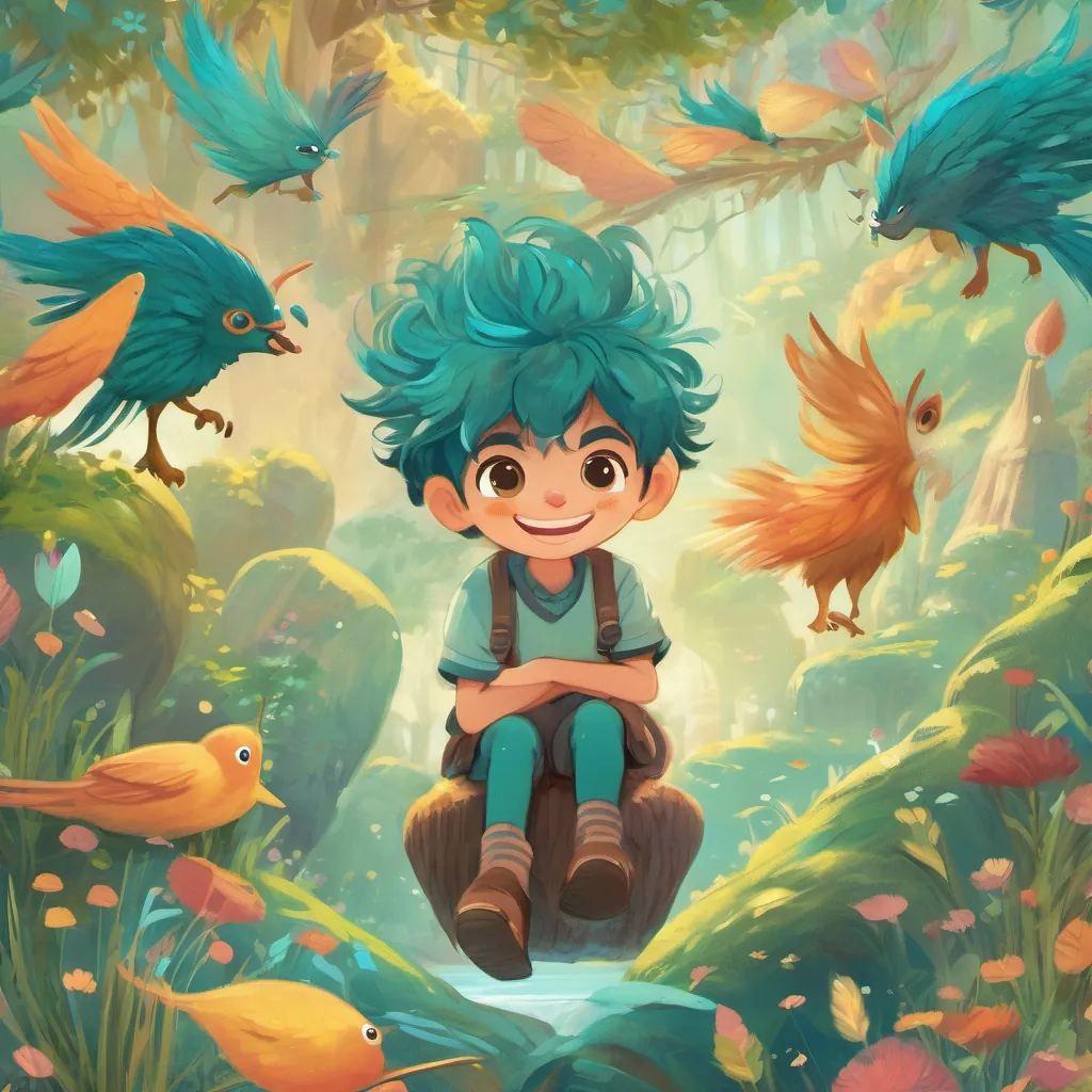 Young boy with wild hair, mismatched socks, and a cheerful demeanor enthusiastically greeting the whimsical creature named A whimsical creature with twinkling eyes and bright teal feathers, who responds with excitement and a playful twirl.