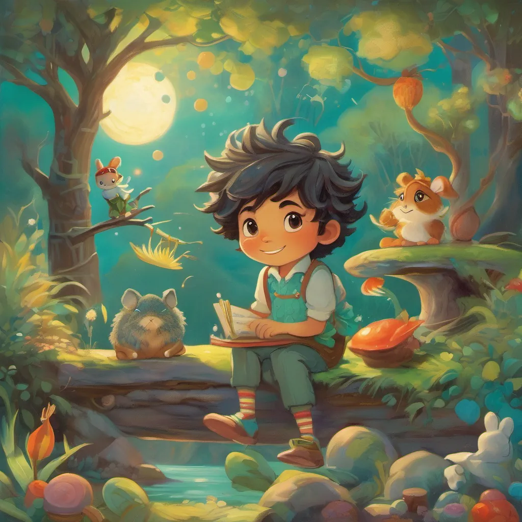 Young boy with wild hair, mismatched socks, and a cheerful demeanor and A whimsical creature with twinkling eyes and bright teal feathers exploring whimsical parts of Hee, meeting an opera-singing frog and a xylophone-dancing rabbit.