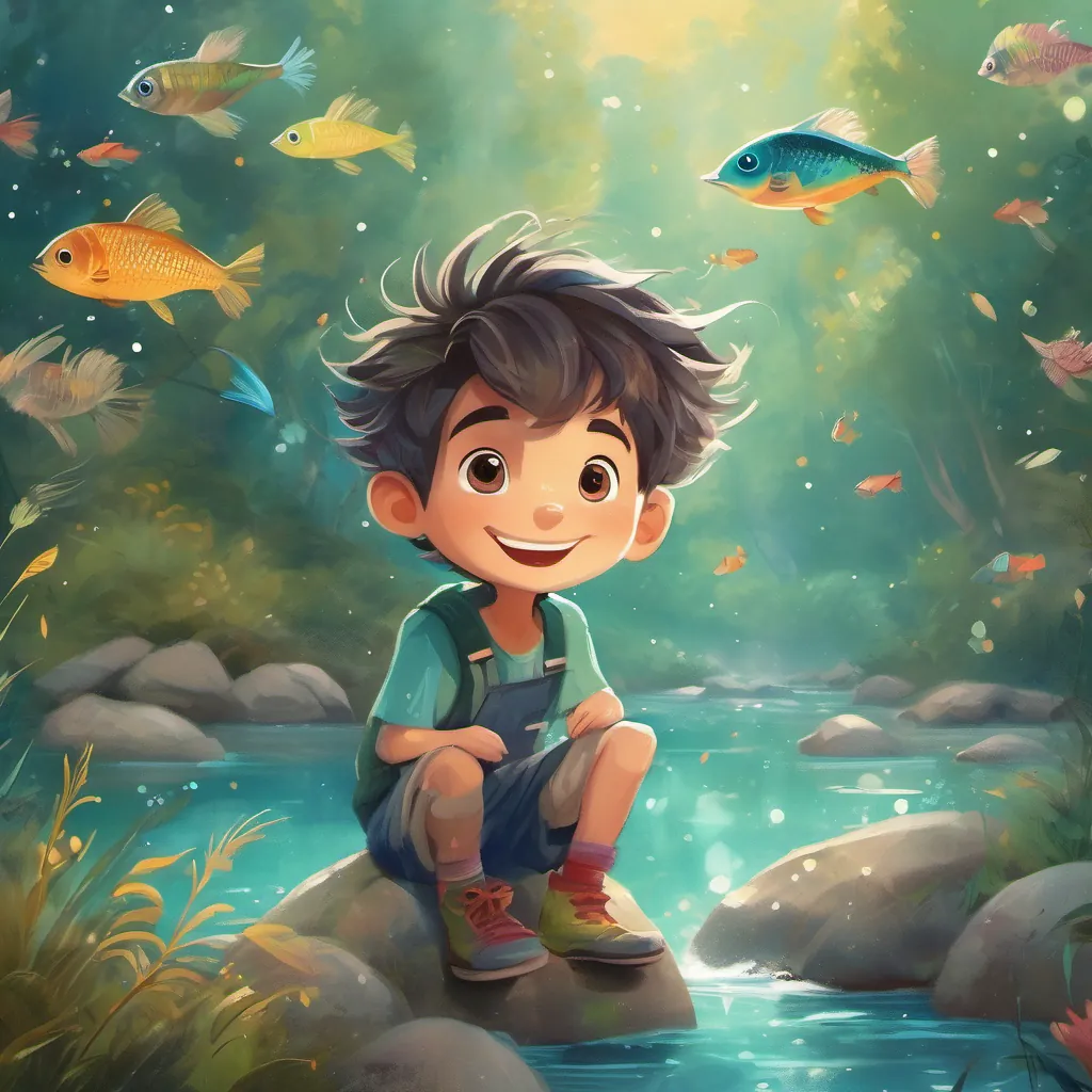 Young boy with wild hair, mismatched socks, and a cheerful demeanor and A whimsical creature with twinkling eyes and bright teal feathers near a gurgling, gleaming river with playful, flying fish that sparkle like stars.