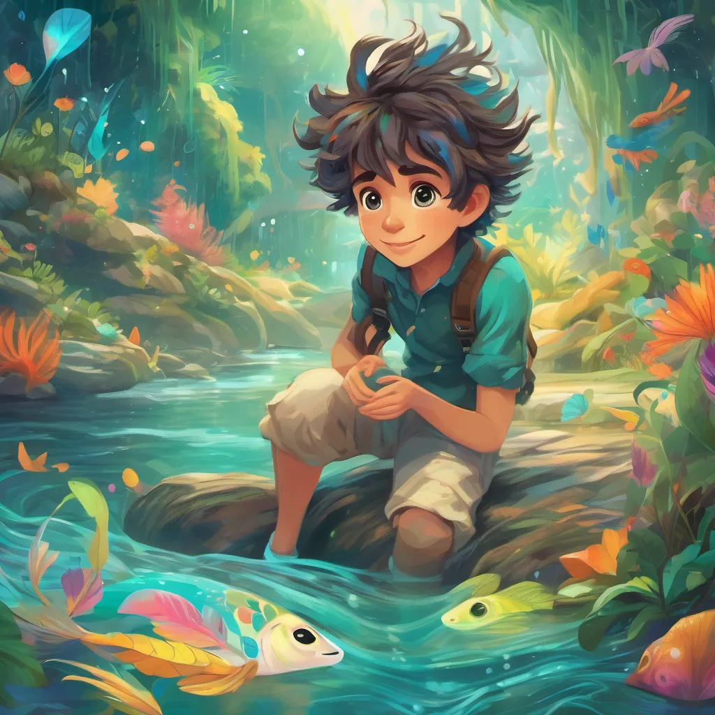 Young boy with wild hair, mismatched socks, and a cheerful demeanor and A whimsical creature with twinkling eyes and bright teal feathers diving into the river's magical depths, surrounded by vibrant colors and dreamlike swirls.