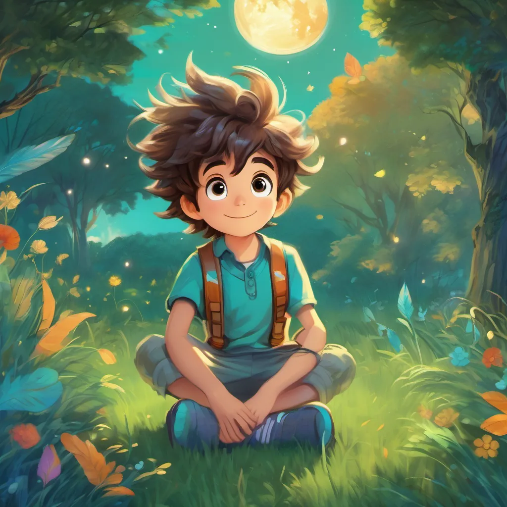 Young boy with wild hair, mismatched socks, and a cheerful demeanor and A whimsical creature with twinkling eyes and bright teal feathers lying on the grass under a glowing moon, their faces serene and filled with dreamy wonder.