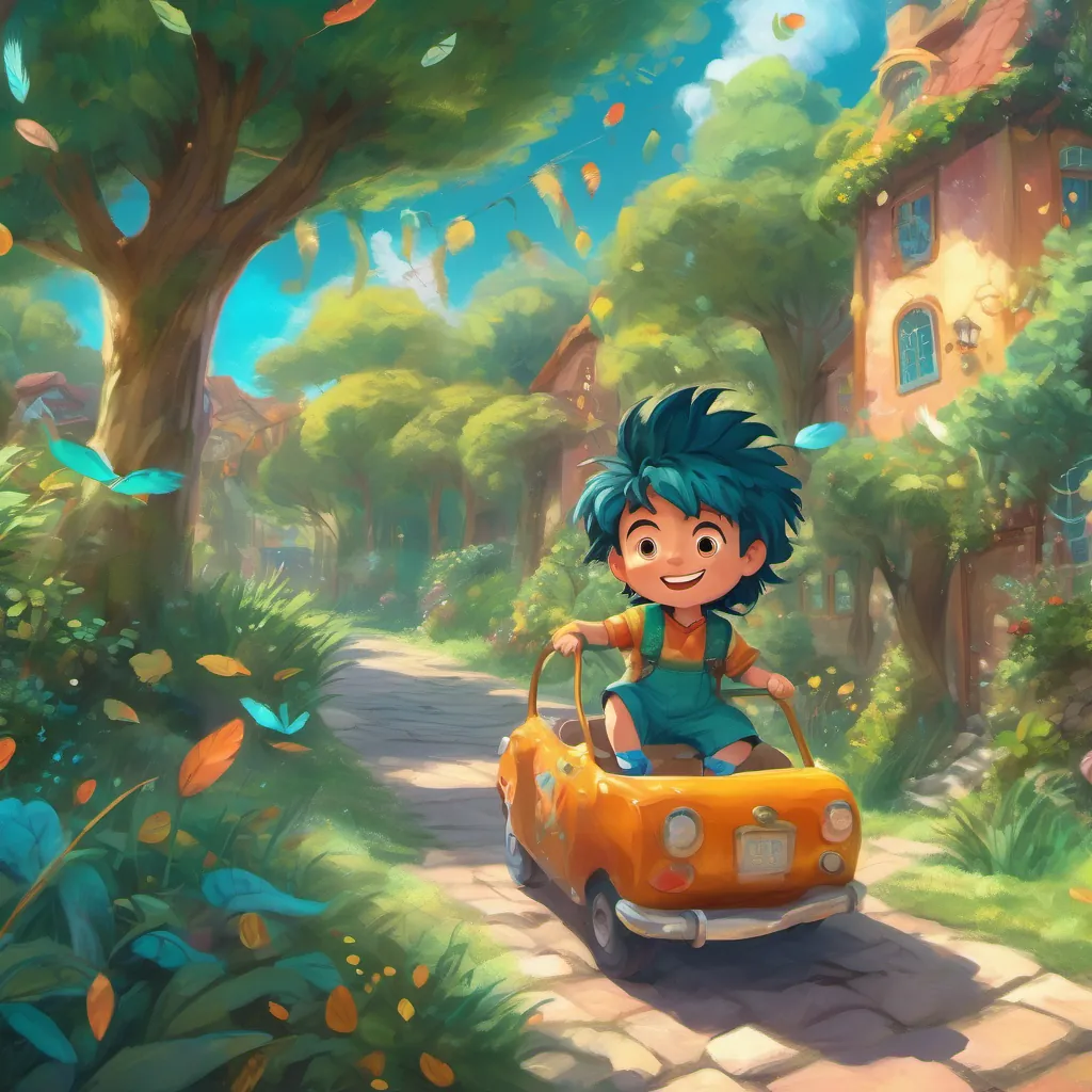 Young boy with wild hair, mismatched socks, and a cheerful demeanor and A whimsical creature with twinkling eyes and bright teal feathers reflecting on their whimsical day, full of laughter and magic.