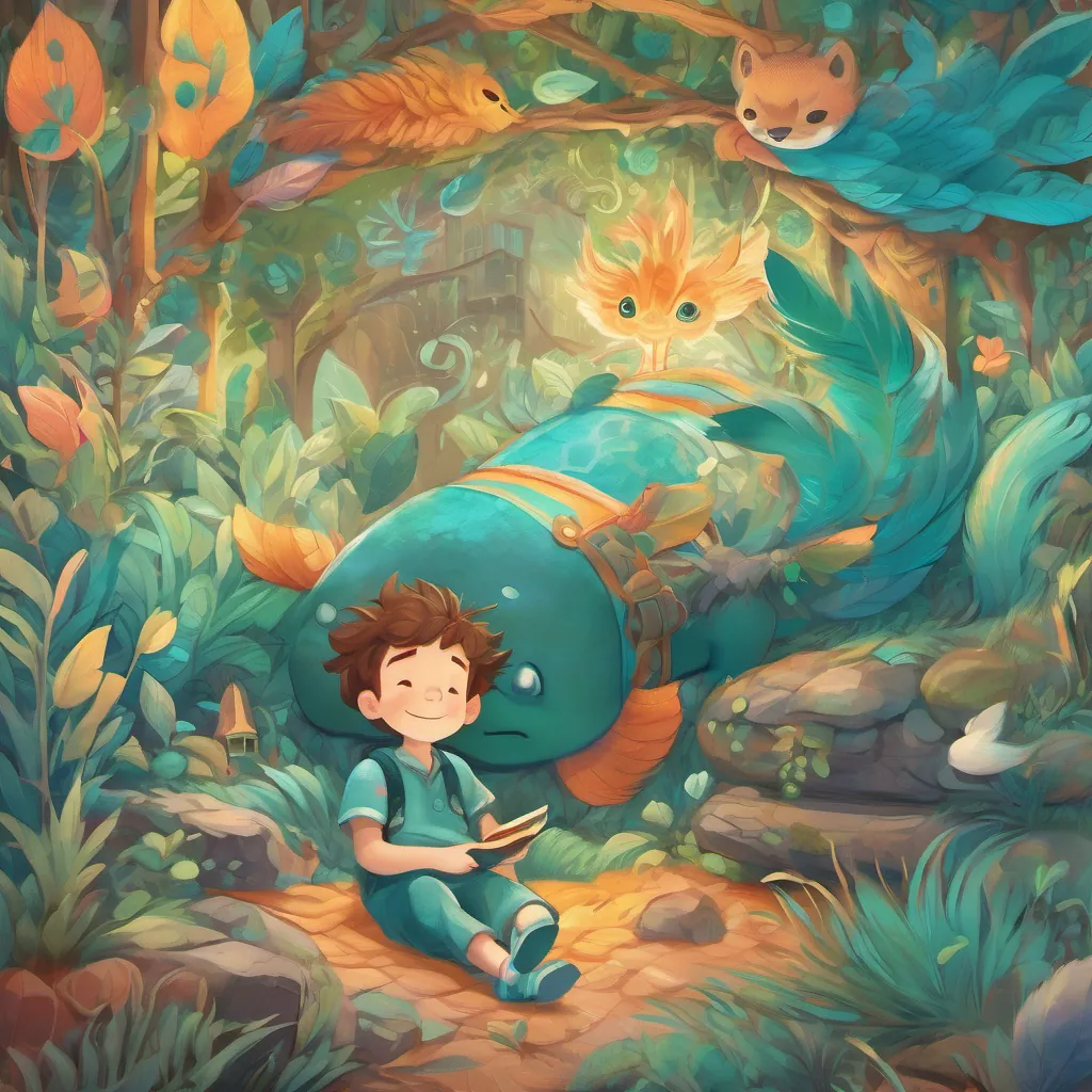 Young boy with wild hair, mismatched socks, and a cheerful demeanor and A whimsical creature with twinkling eyes and bright teal feathers drifting off to sleep with peaceful smiles, knowing another adventure awaits tomorrow in Hee.