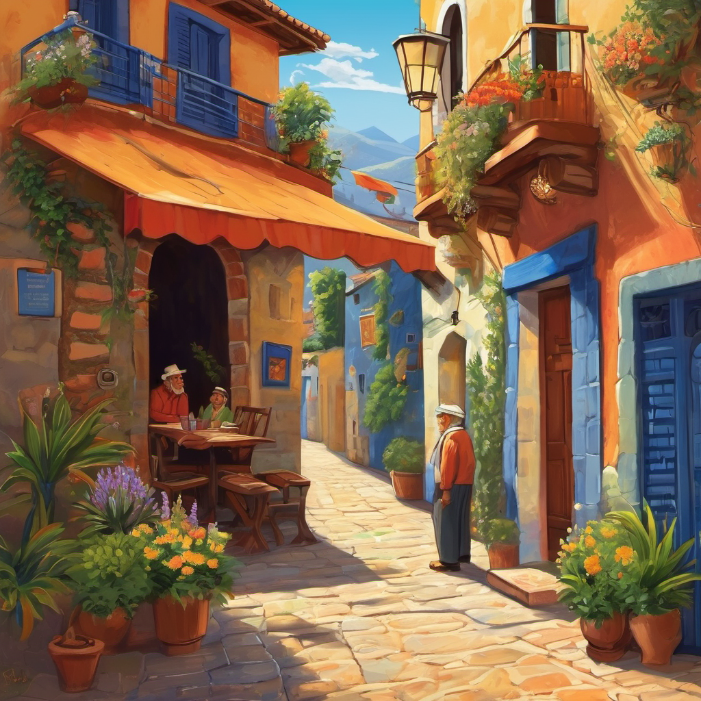*Viñeta 2:*
José encuentra a Don Pepe, un anciano sabio y artista local.
José: "¡Hola Don Pepe! Me encantan los murales de este pueblo, ¿me puedes enseñar a crear imágenes para un cómic?"
Narrador: "José encuentra a Don Pepe, un anciano sabio y artista local reconocido por sus obras de arte." Don Pepe, al ver la curiosidad y el entusiasmo en los ojos de José, sonrió y asintió con la cabeza. Juntos, comenzaron a caminar hacia la pequeña tienda de artículos artísticos que Don Pepe frecuentaba.