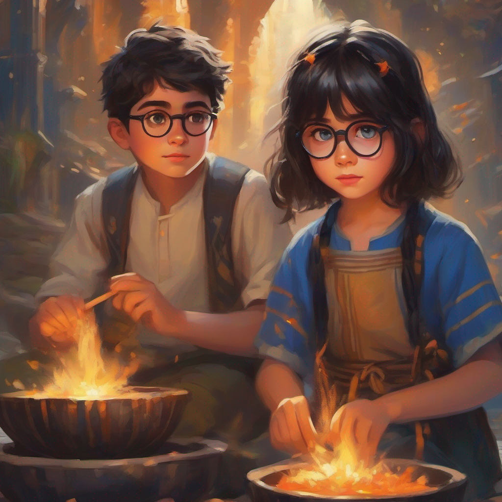 Young girl with brown hair and curious blue eyes. and Intelligent and resourceful boy with messy black hair and glasses. perform a cleansing ceremony to break the curse.