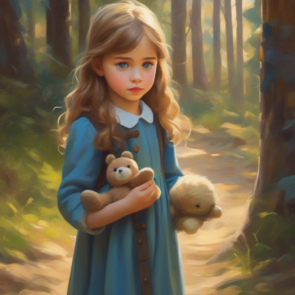 Young girl with brown hair and curious blue eyes. returns the doll to its rightful owner, Shy and kind-hearted girl with blonde hair and sad eyes..